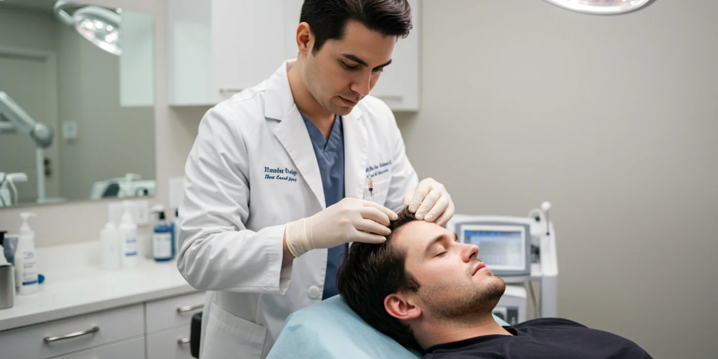 A professional medical setting with a patient receiving PRP hair therapy. The doctor is performing a scalp injection procedure in a clean, modern clinic environment.