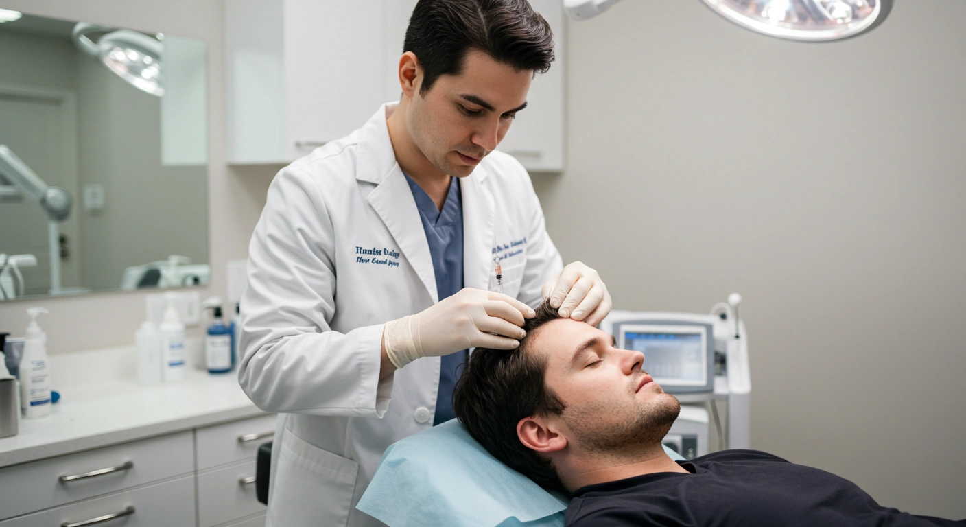 A professional medical setting with a patient receiving PRP hair therapy. The doctor is performing a scalp injection procedure in a clean, modern clinic environment.