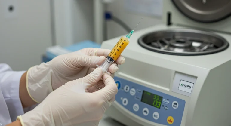 Close-up of a doctor preparing a PRP injection for hair restoration