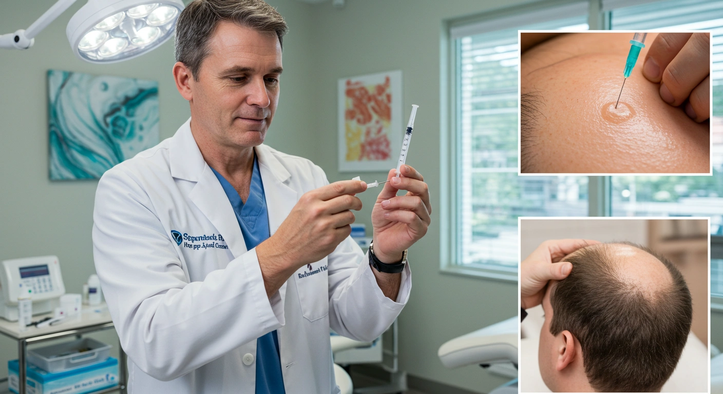 A professional medical setting showing a doctor preparing for stem cell hair treatment