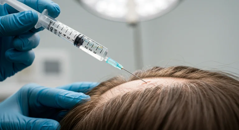 A close-up of a syringe with stem cells being injected into the scalp