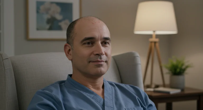 A patient in a relaxed setting after completing stem cell therapy
