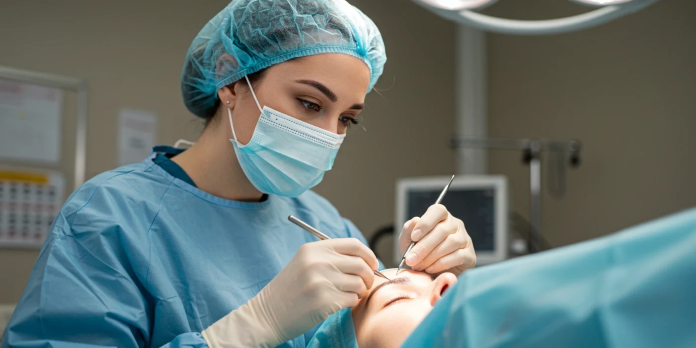 A professional surgeon performing an eyebrow transplant procedure