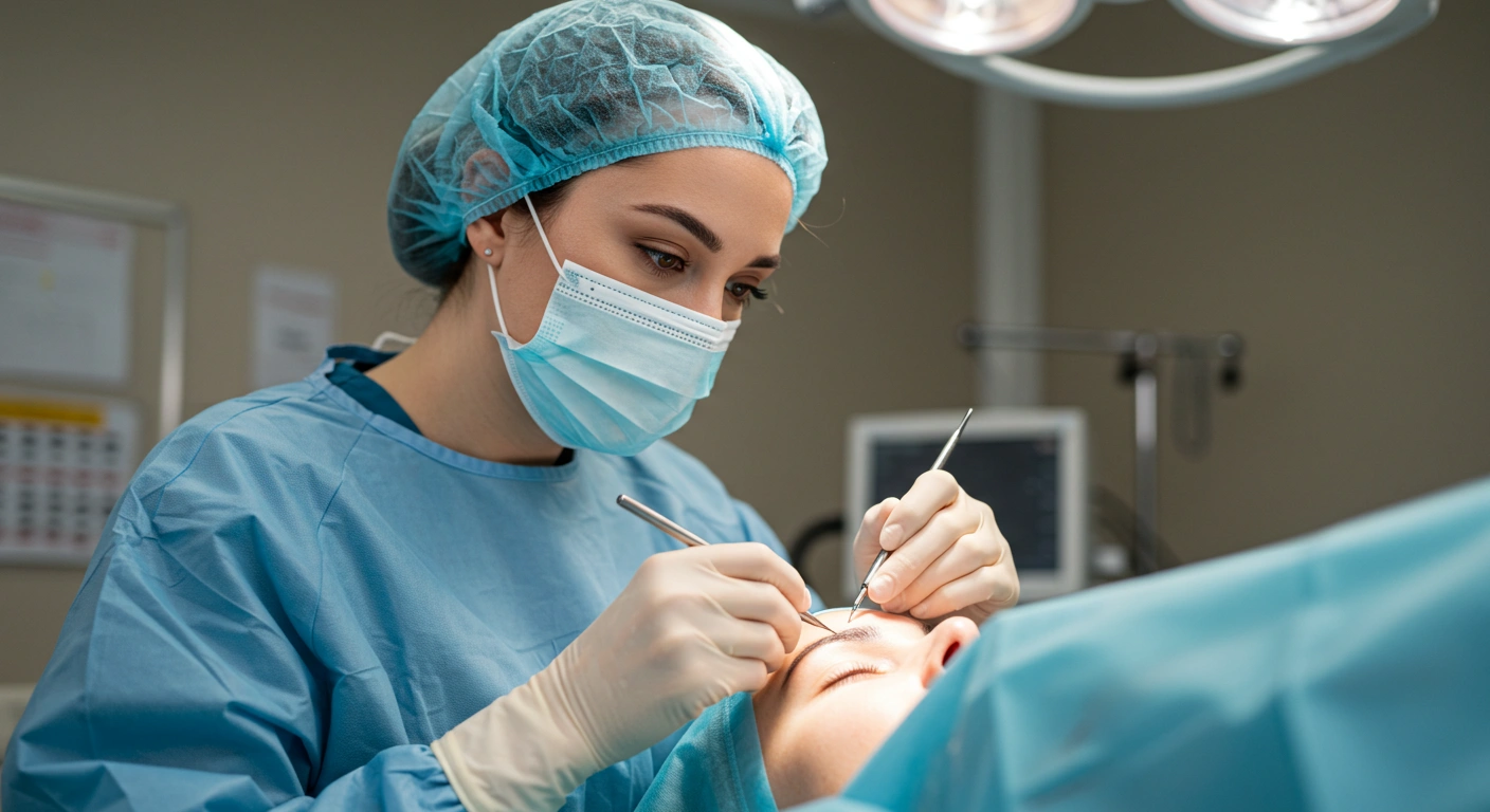 A professional surgeon performing an eyebrow transplant procedure