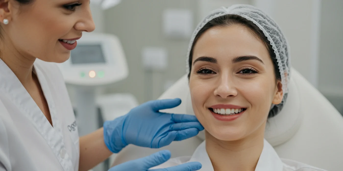 A close-up of a woman smiling after completing a skin rejuvenation session, with visible improvements in her skin texture and tone