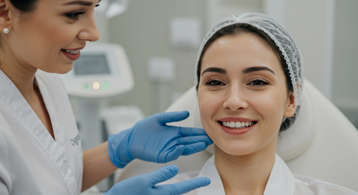 A close-up of a woman smiling after completing a skin rejuvenation session, with visible improvements in her skin texture and tone
