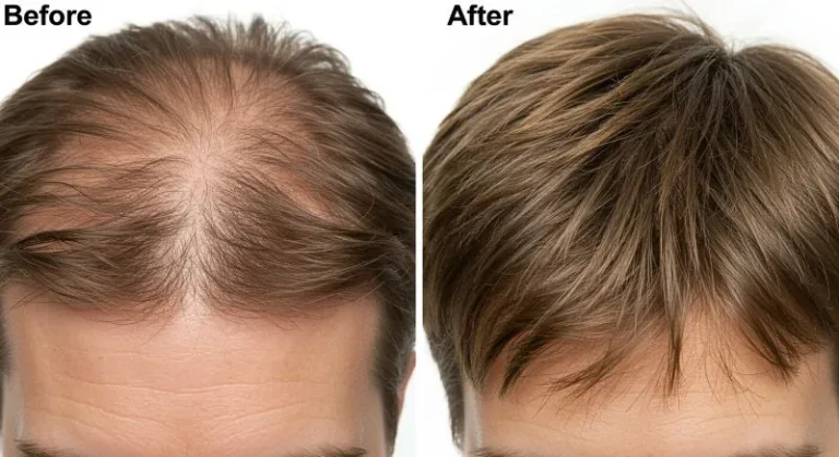 Before and after images showcasing the results of a successful hairline restoration treatment, highlighting significant hair regrowth and improved hairline