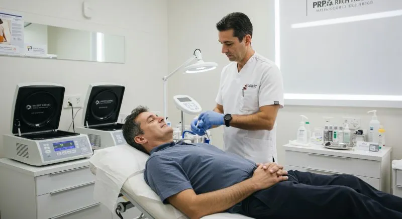 A professional performing a hairline restoration procedure using PRP therapy on a male patient in a clinical setting