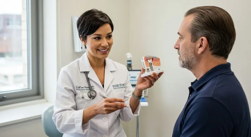 Doctor explains fue hair transplant to male patient