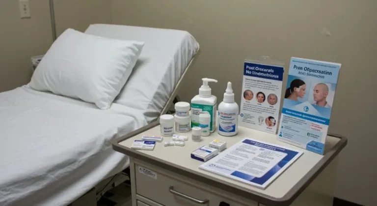 FUE hair transplant clinic room with post-op supplies