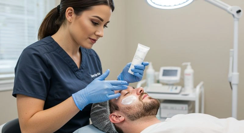 Specialist applying cream for beard restoration treatment